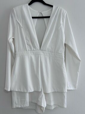 White Romper with Deep V and Long Sleeves by Lu Fashions